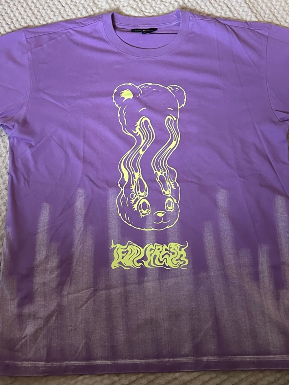 Teddy Fresh Trippy Bear Purple Crewneck Tee with neon graphic